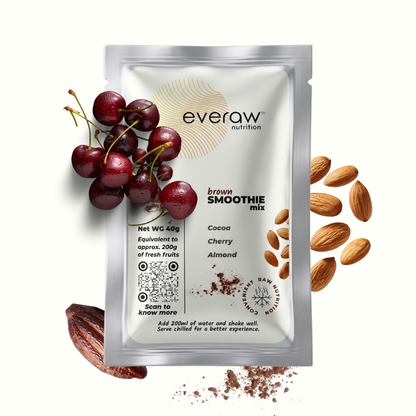 Everaw Brown Smoothie Mix sachet with cocoa, cherries, and almonds