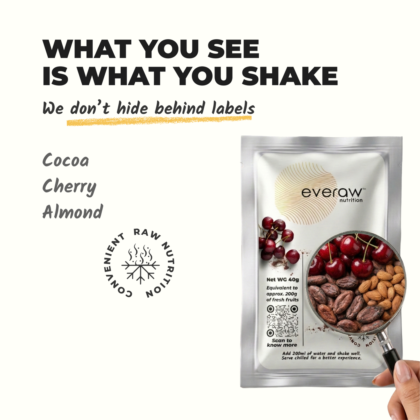 Brown Smoothie Mix ingredients - cocoa, cherry, almond