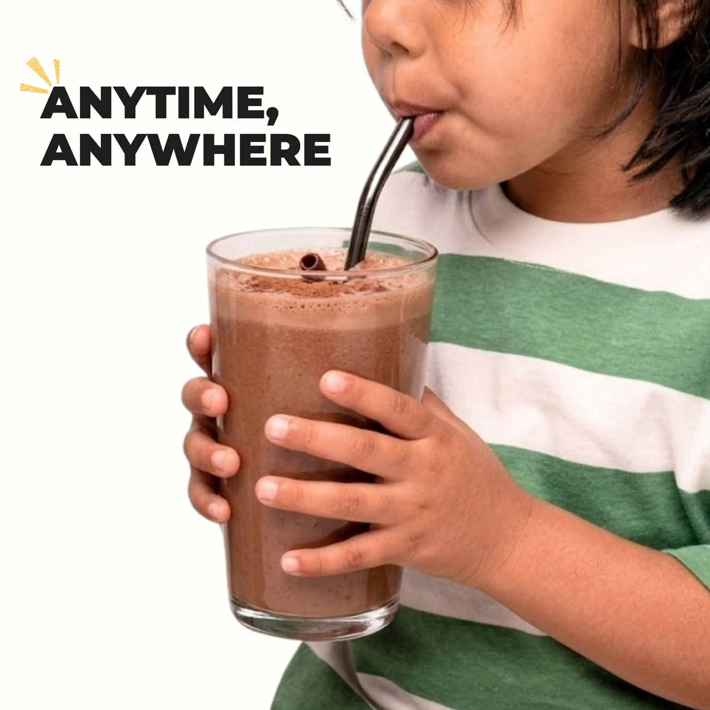 Child drinking Brown Smoothie Mix - chocolate smoothie for kids