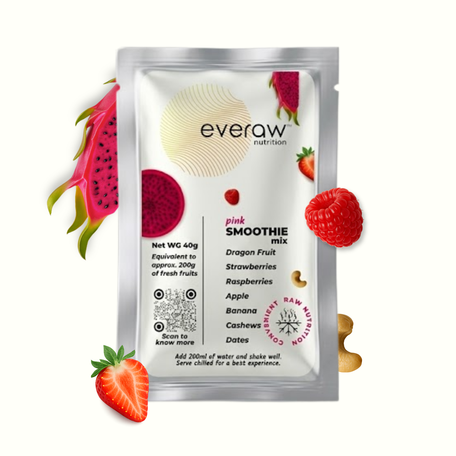 Everaw Pink Smoothie Mix sachet with dragon fruit, strawberries, and raspberries