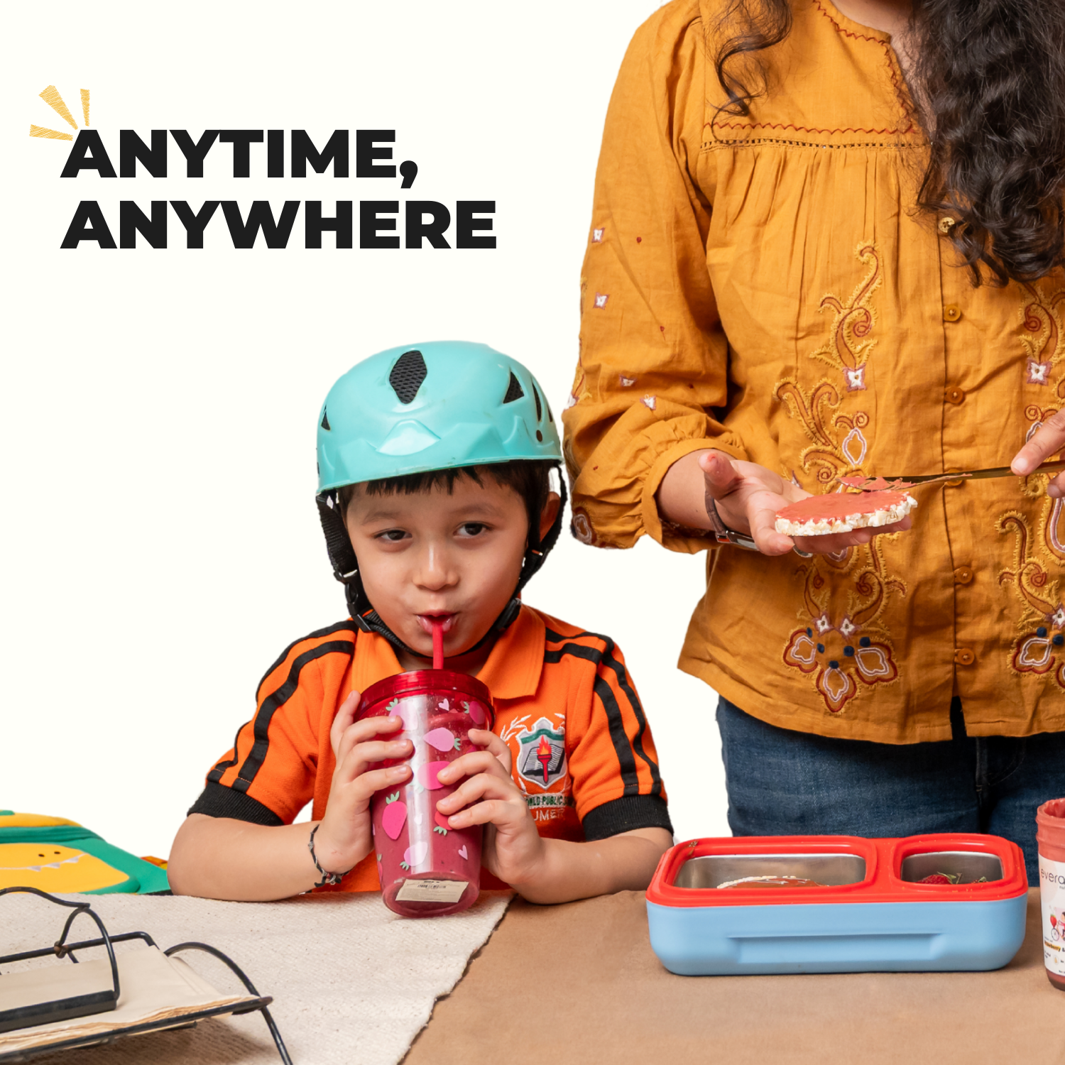 Kid drinking Pink Smoothie Mix - anytime anywhere nutrition