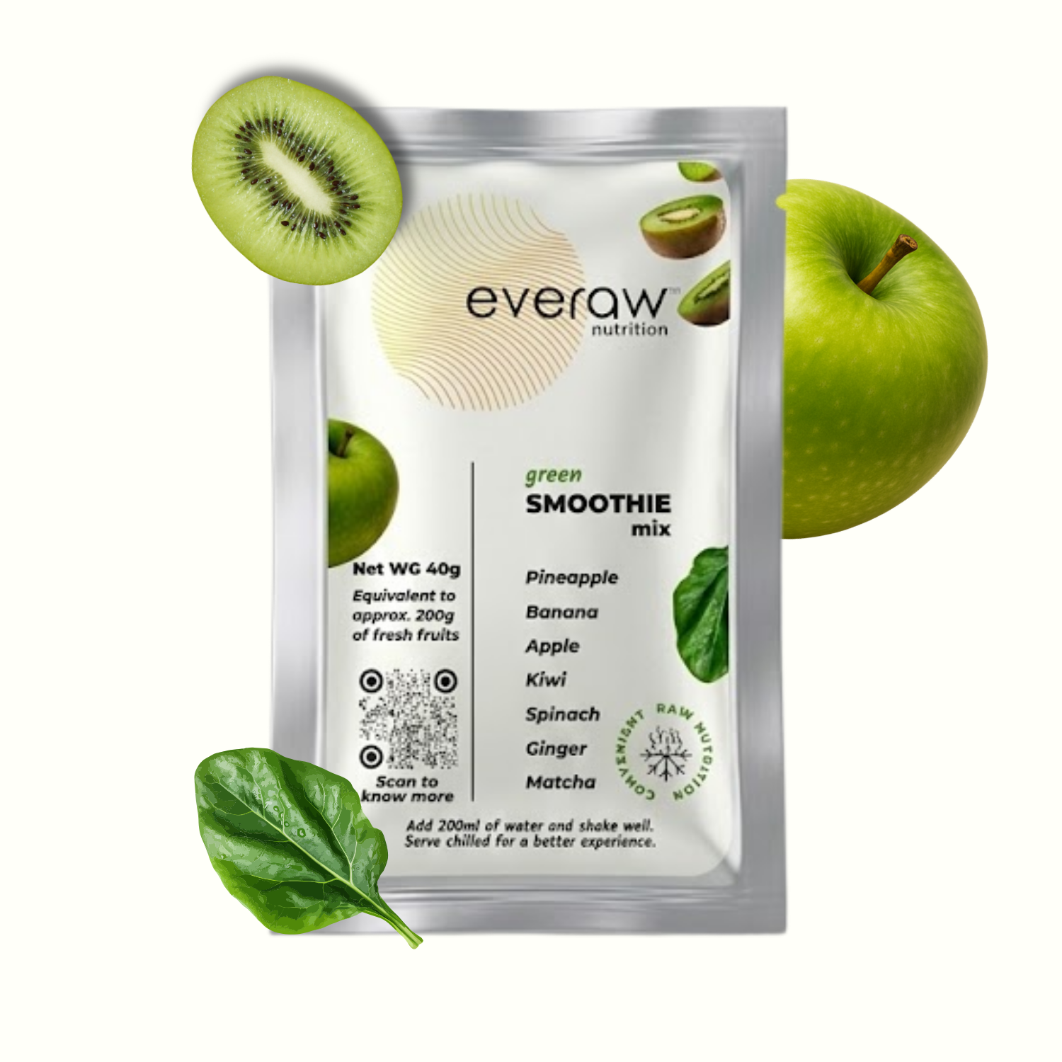 Everaw Green Smoothie Mix sachet with kiwi, spinach, and pineapple
