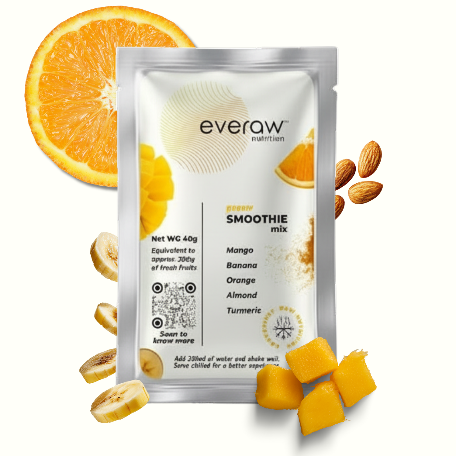 Everaw Yellow Smoothie Mix sachet with mango, banana, orange, and almonds