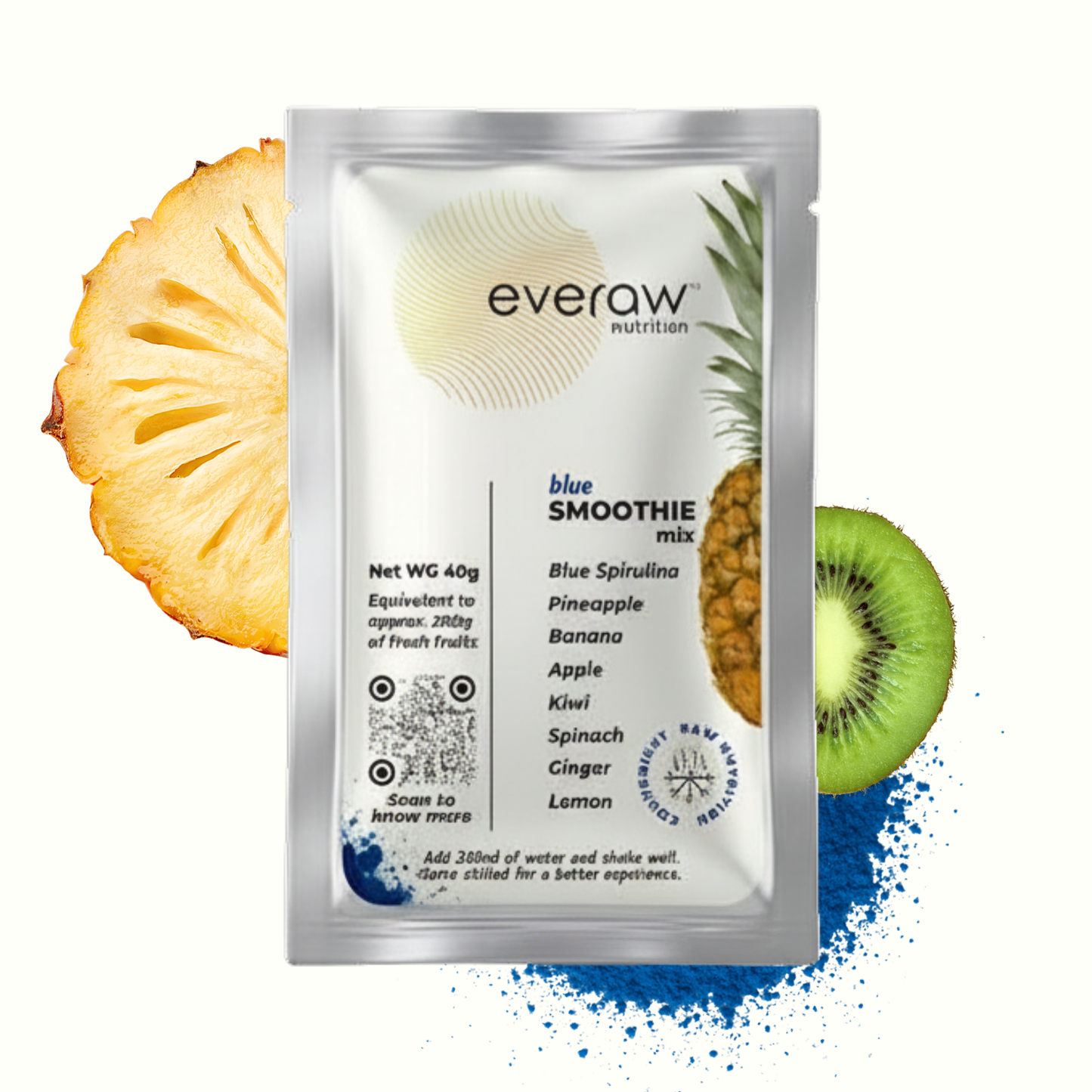 Everaw Blue Smoothie Mix sachet with pineapple, kiwi, and blue spirulina