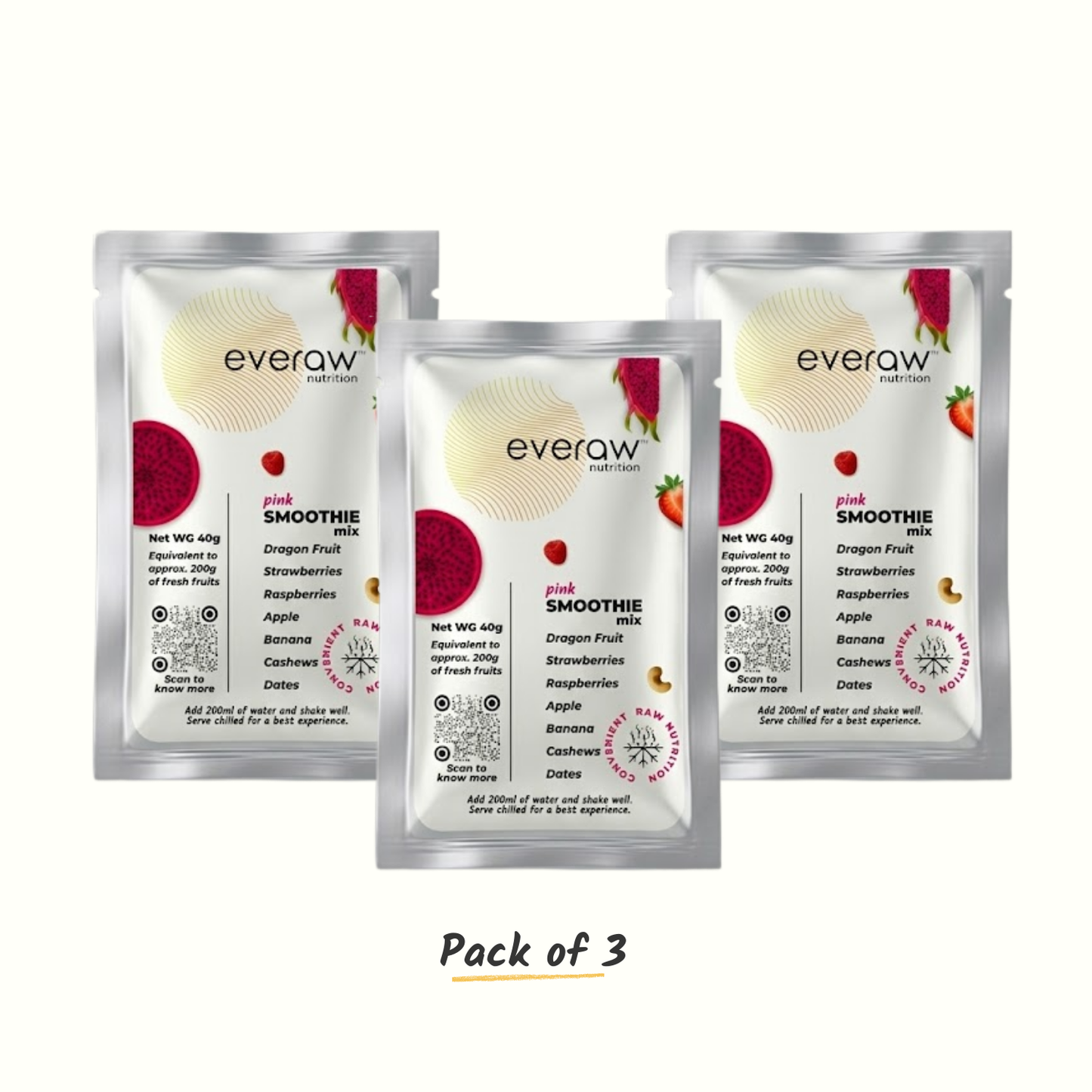 Everaw Pink Smoothie Mix - pack of 3 sachets with dragon fruit and berry blend