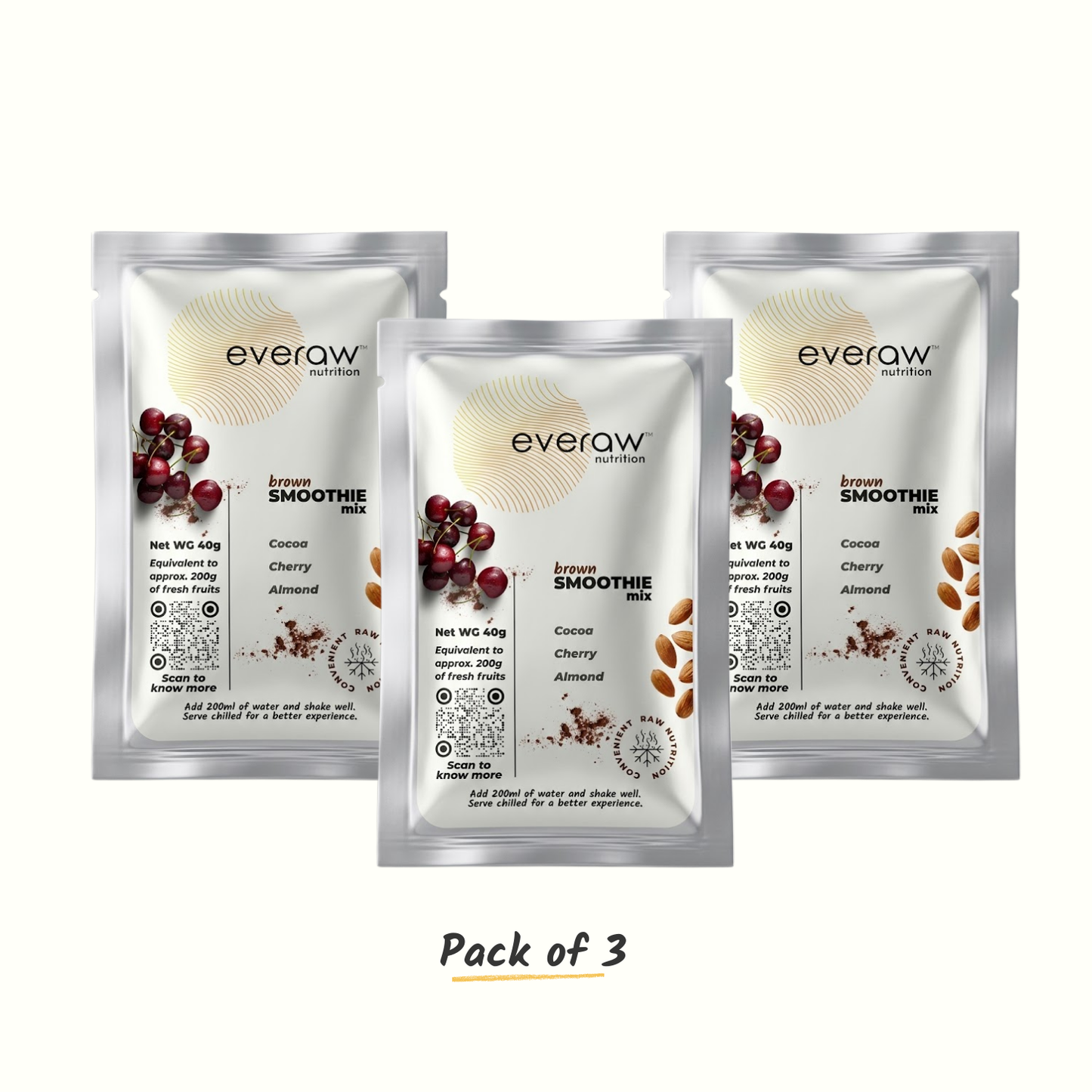 Everaw Brown Smoothie Mix - pack of 3 sachets with cocoa, cherry, and almond