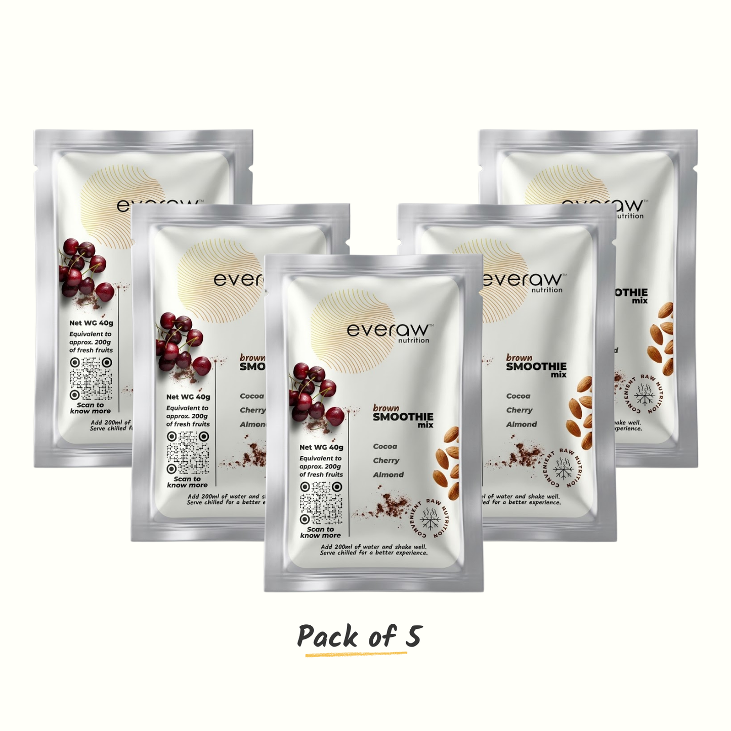 Everaw Brown Smoothie Mix - pack of 5 sachets with cocoa, cherry, and almond