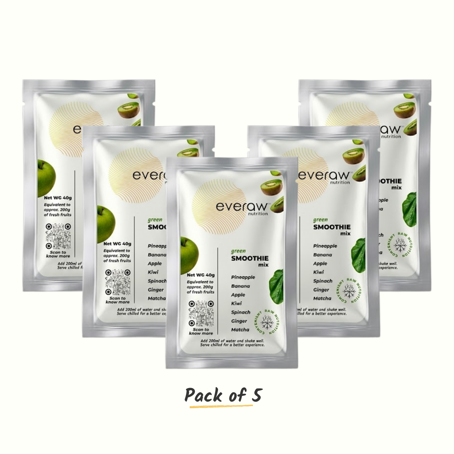 Everaw Green Smoothie Mix - pack of 3 sachets with matcha, spinach, kiwi, and pineapple