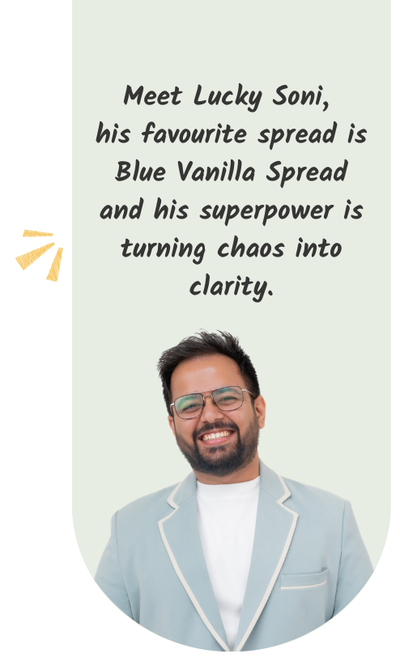 Lucky Soni and his superpower on a light green background