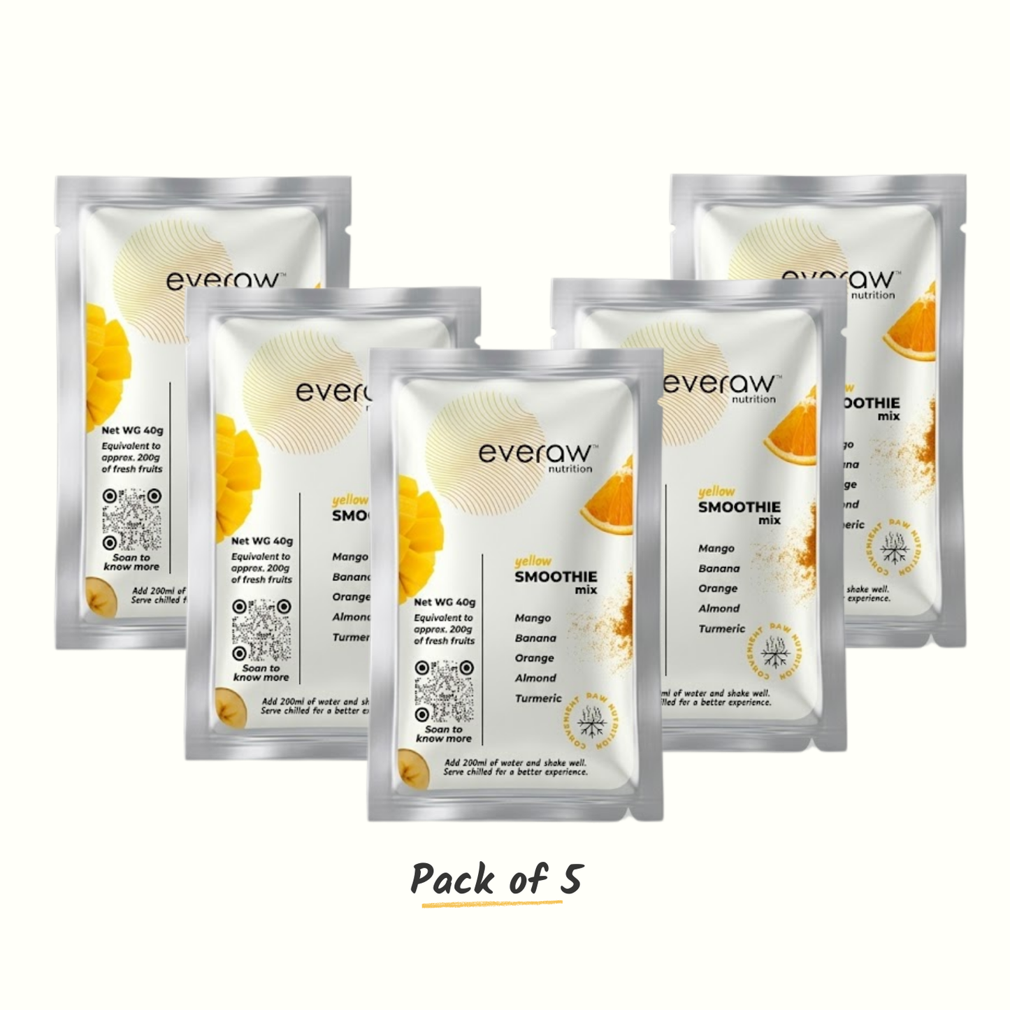 Everaw Yellow Smoothie Mix - pack of 5 sachets with mango, banana, orange, and turmeric