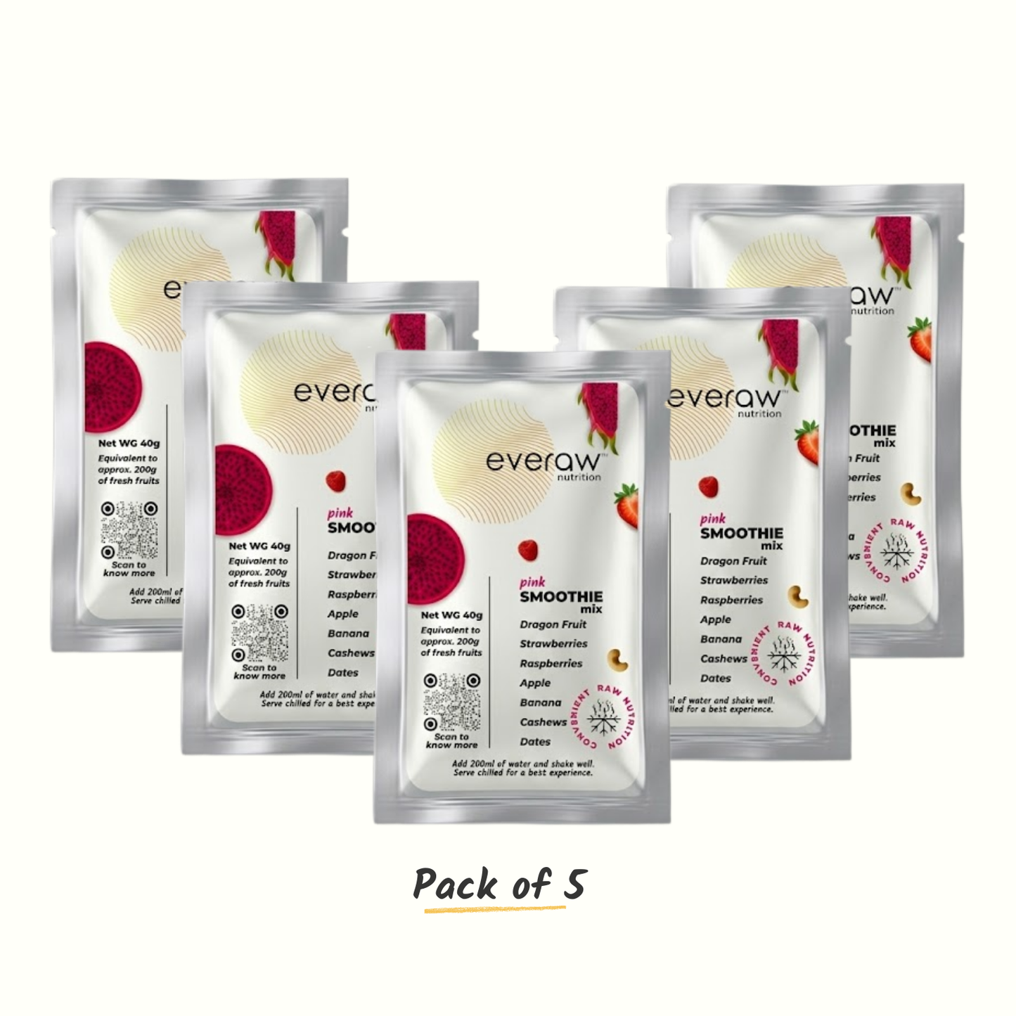 Everaw Pink Smoothie Mix - pack of 5 sachets with dragon fruit, strawberry, and raspberry