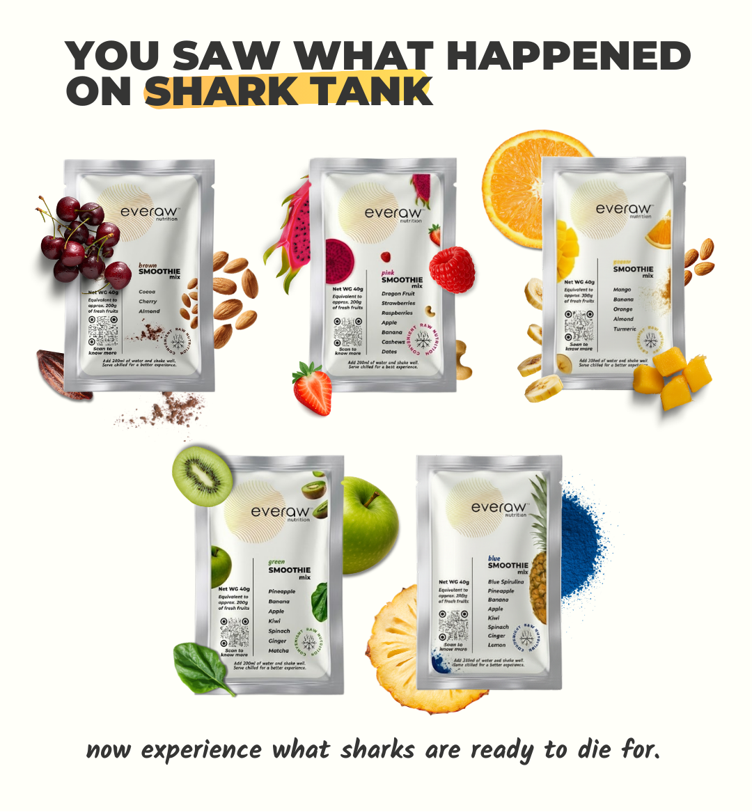 Everrow smoothie powder packets with fruits and text on a white background