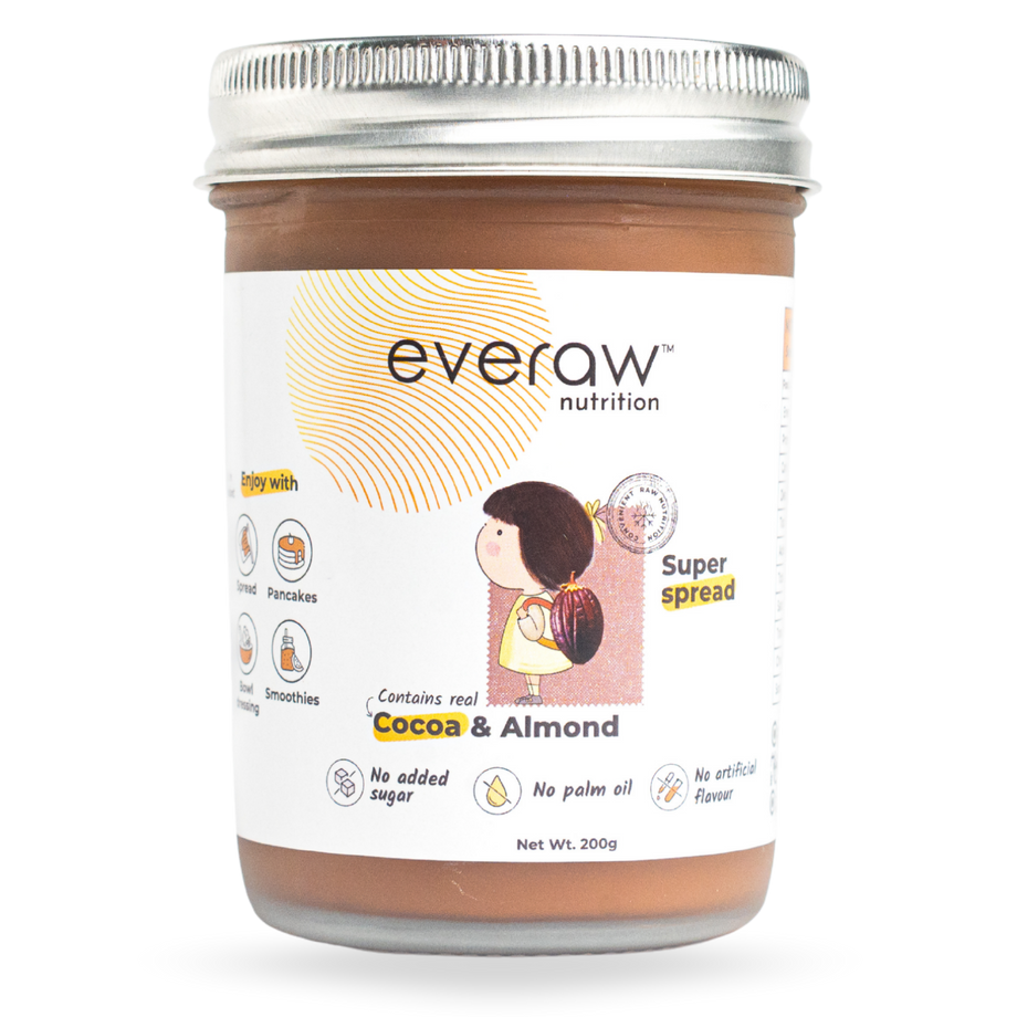 Jar of everaw nutrition cocoa and almond super spread on a white background