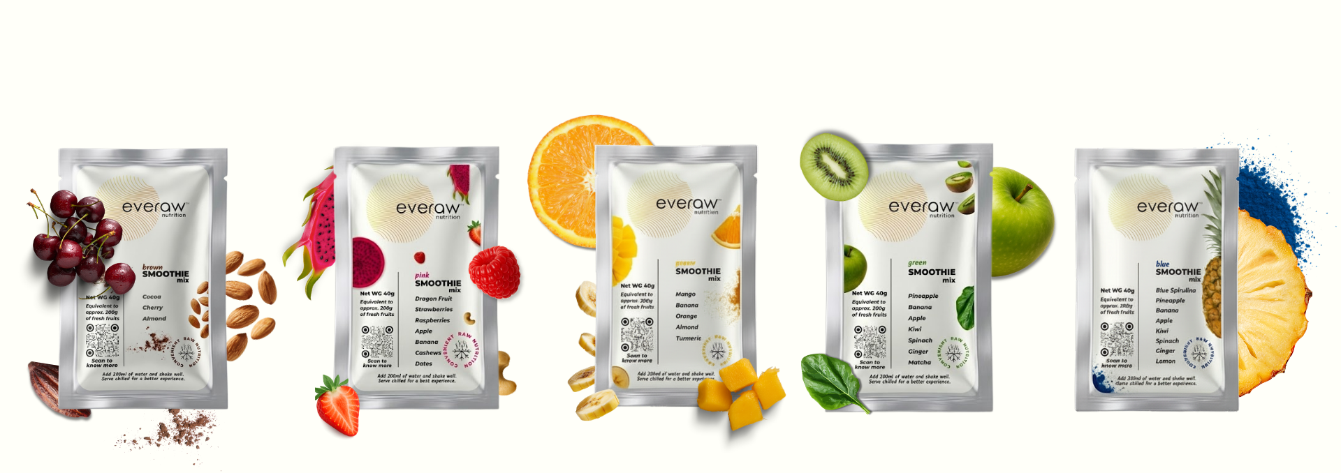 Everaw Smoothie Mixes with corresponding fruits on a white background