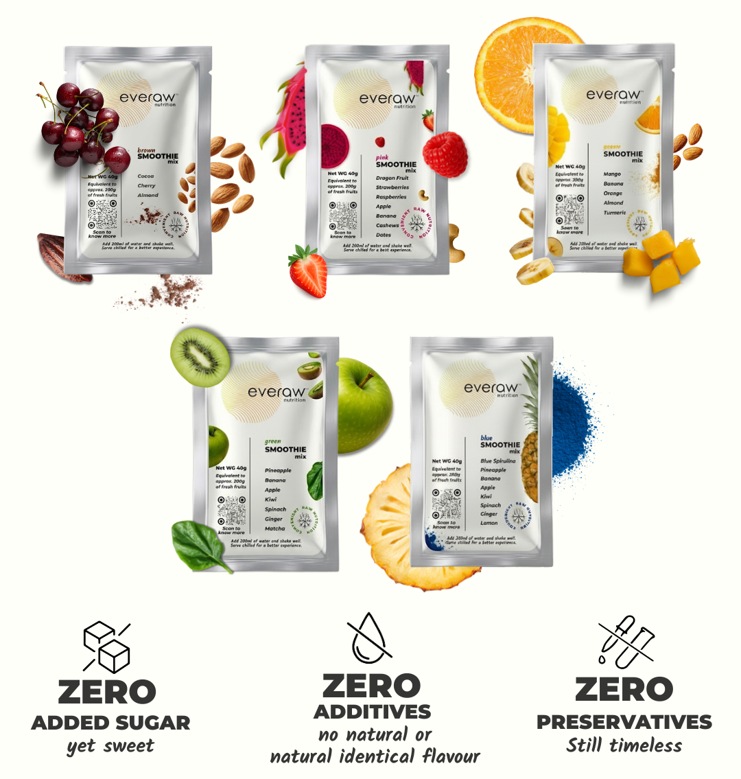 Everrow smoothie packs with fruit illustrations and text highlighting zero added sugar, additives, and preservatives.
