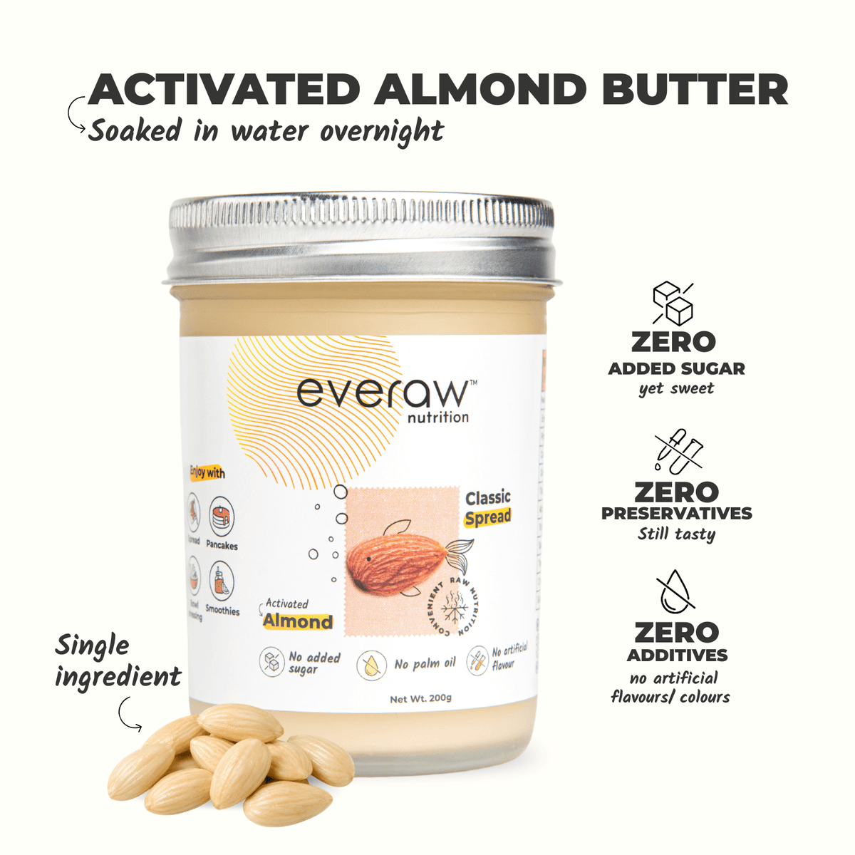 activated almond butter classic spread jar 200g single ingredient no added sugar