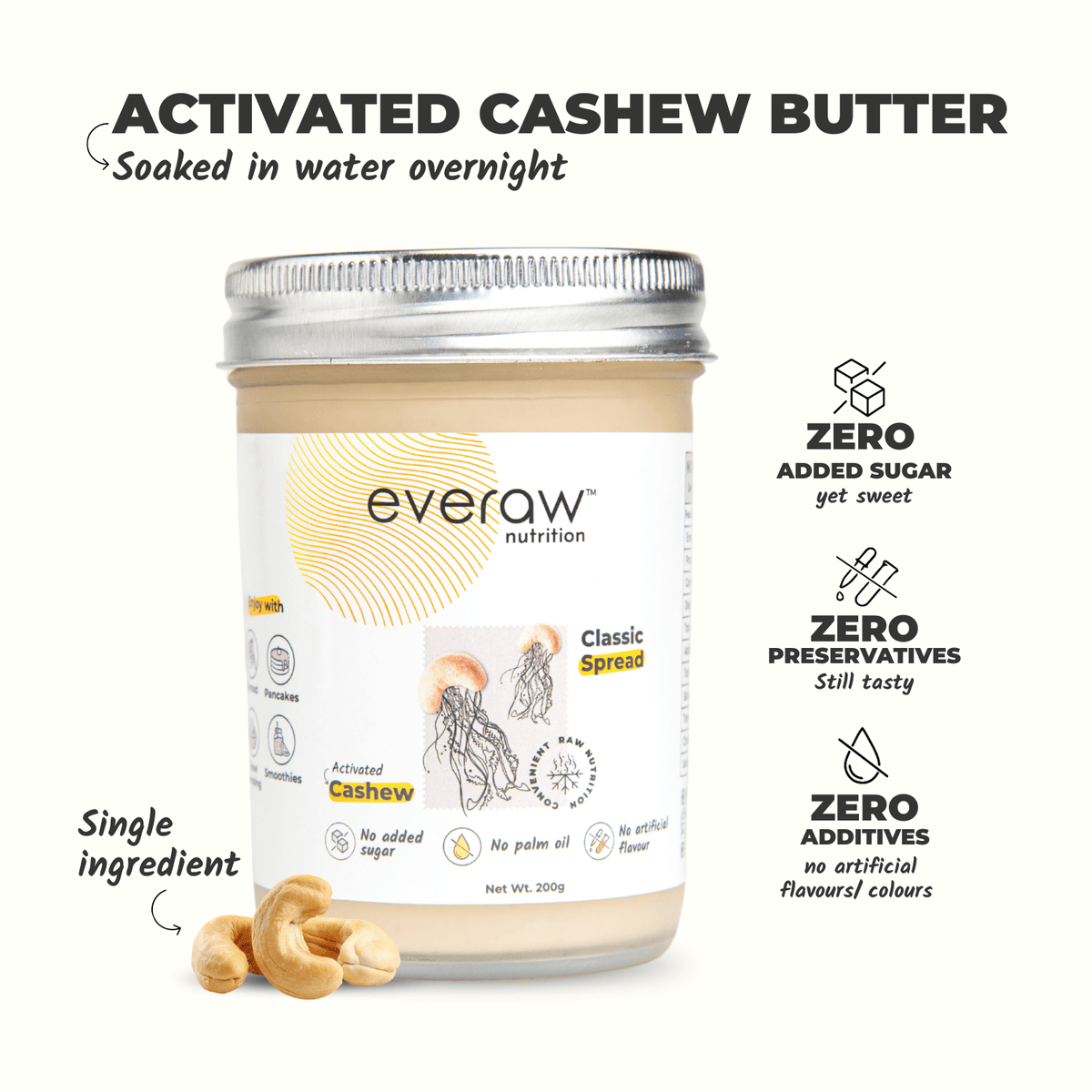 activated cashew butter classic spread jar 200g single ingredient no added sugar