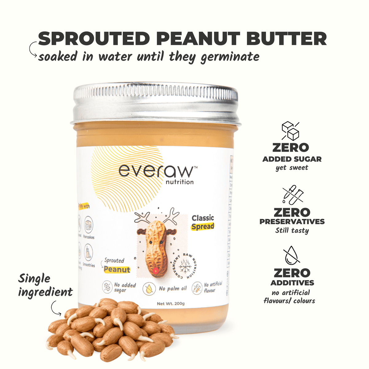 sprouted peanut butter classic spread jar 200g single ingredient no added sugar