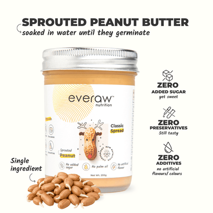 sprouted peanut butter classic spread jar 200g single ingredient no added sugar