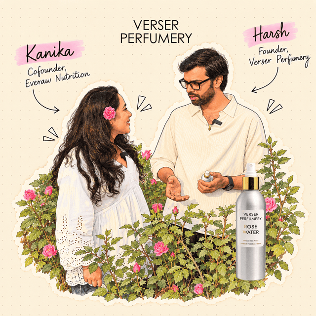 Kanika of Everaw Nutrition with Harsh, founder of Verser Perfumery, among Pushkar rose bushes beside a bottle of Verser rose water