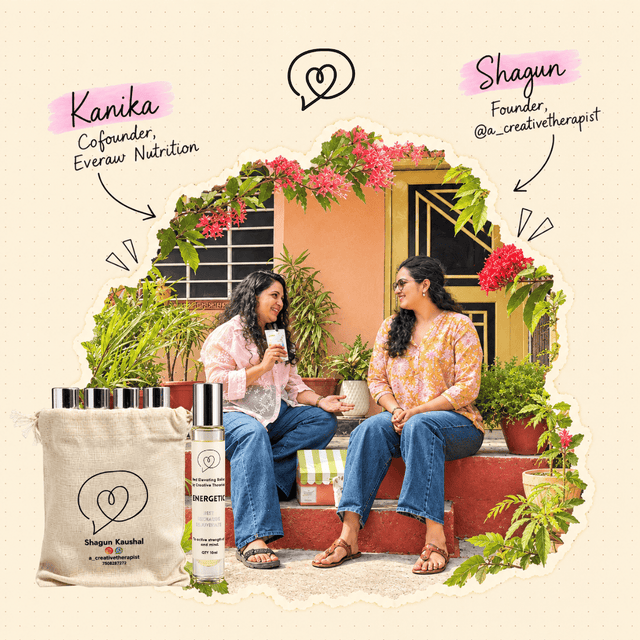 Kanika of Everaw Nutrition with Shagun, founder of A Creative Therapist, chatting on a flower-filled porch beside her mood roll-ons