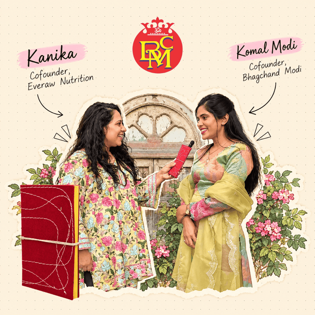 Kanika of Everaw Nutrition with Komal Modi, cofounder of Bhagchand Modi, beside a red hand-stitched bahi khata