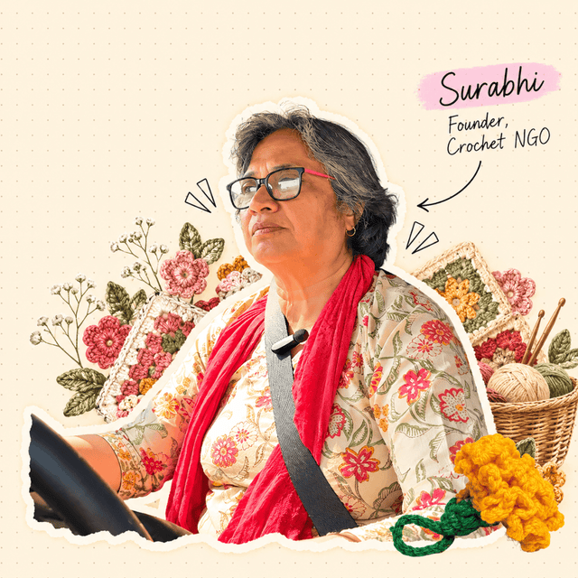 Surabhi, founder of a crochet NGO, smiling among crochet work and a handmade marigold flower