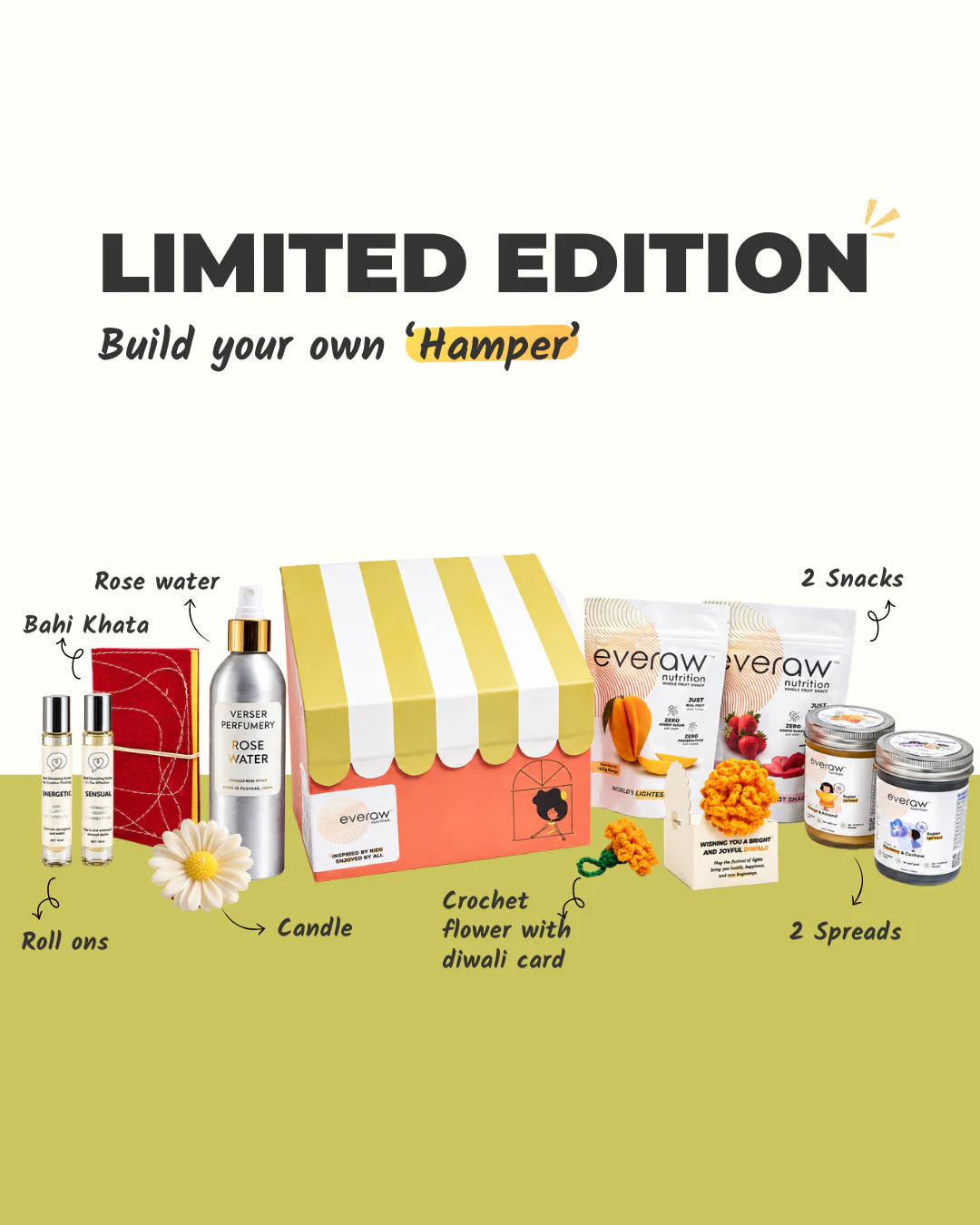 Limited edition Everaw Diwali hamper, build your own: a striped gift box with mood roll ons, a bahi khata, rose water, a flower candle, a crochet flower with a Diwali card, two fruit snacks and two Super Spreads