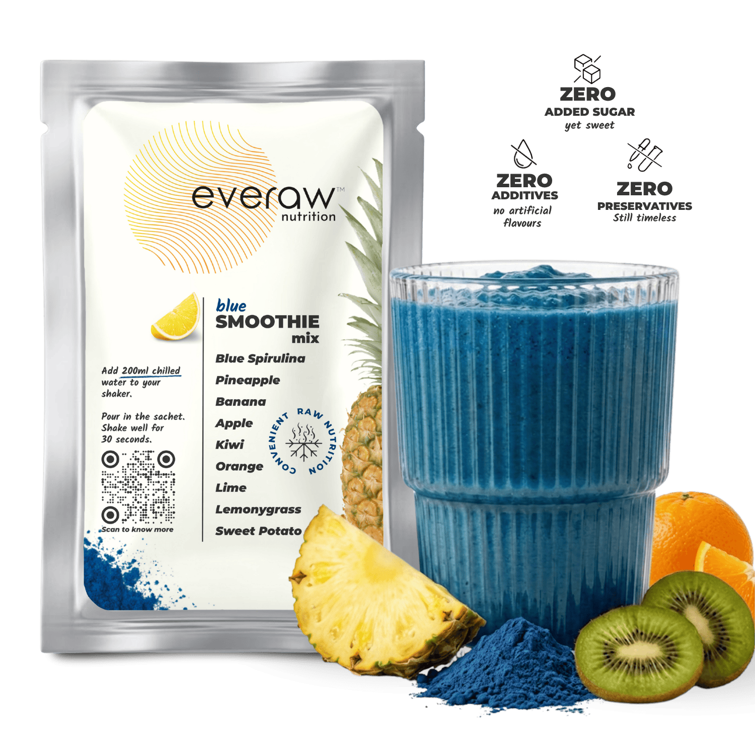 Everaw Blue Smoothie Mix sachet with real fruit and superfood powder: blue spirulina, pineapple, kiwi, orange, lemongrass. Zero added sugar, ready in 30 seconds.