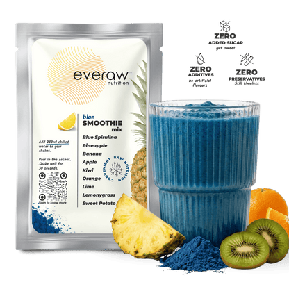 Everaw Blue Smoothie Mix sachet with real fruit and superfood powder: blue spirulina, pineapple, kiwi, orange, lemongrass. Zero added sugar, ready in 30 seconds.