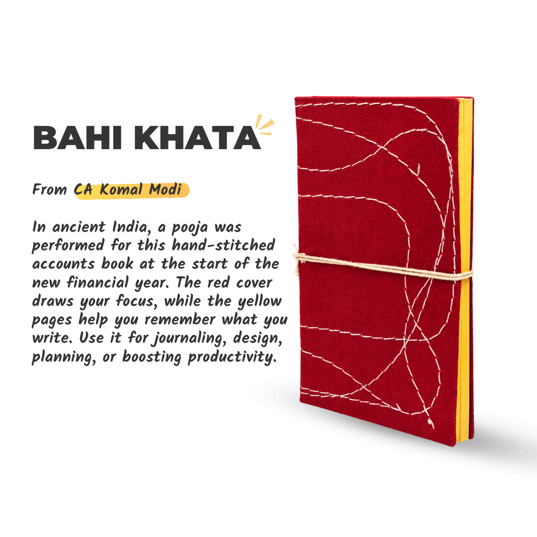 Hand-stitched bahi khata by CA Komal Modi, the traditional accounts book given a pooja at the start of the new financial year, with a red cover and yellow pages for Diwali gifting