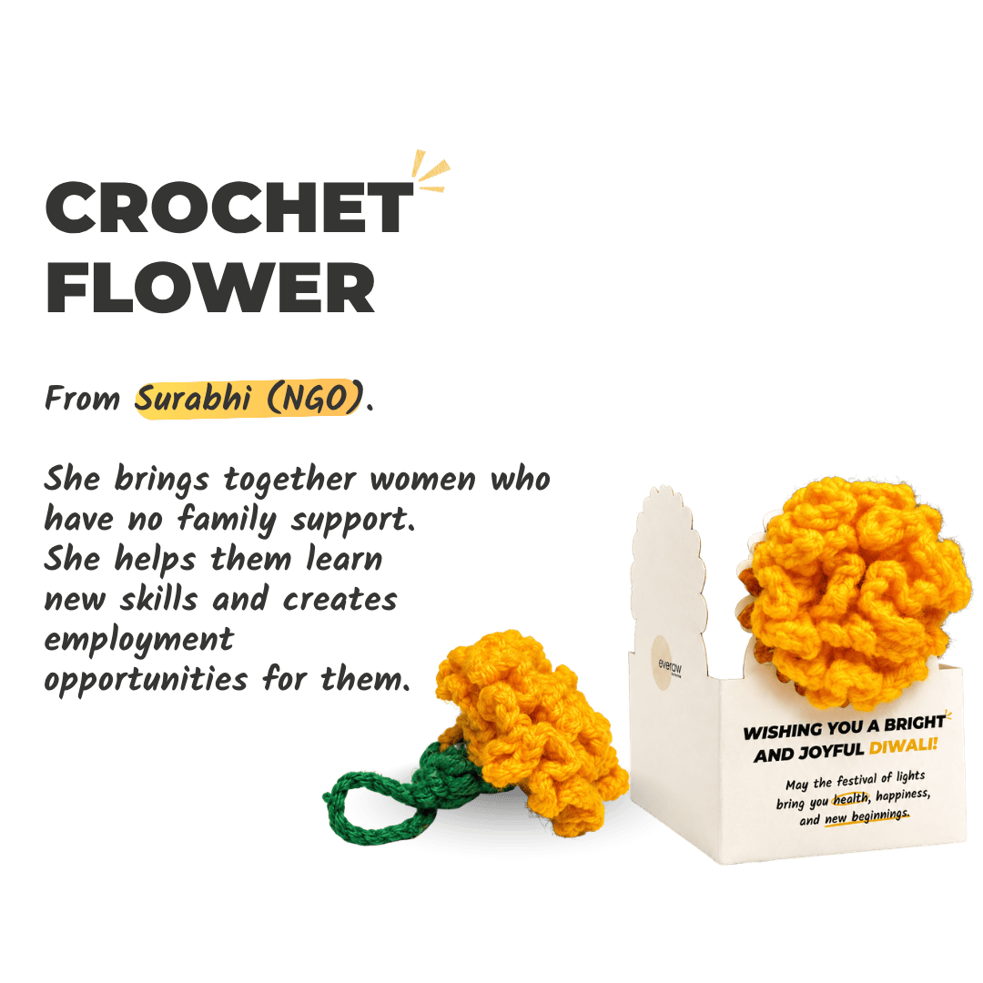 Handmade crochet marigold flower from Surabhi NGO, made by women learning new skills and earning a living, a festive Diwali decoration and gift