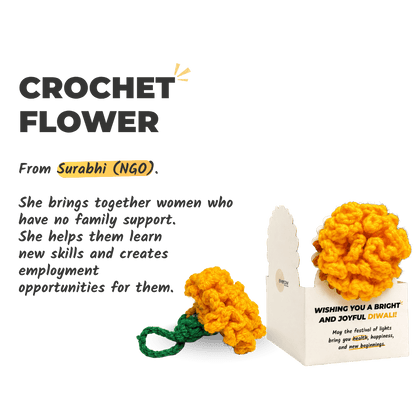 Handmade crochet marigold flower from Surabhi NGO, made by women learning new skills and earning a living, a festive Diwali decoration and gift