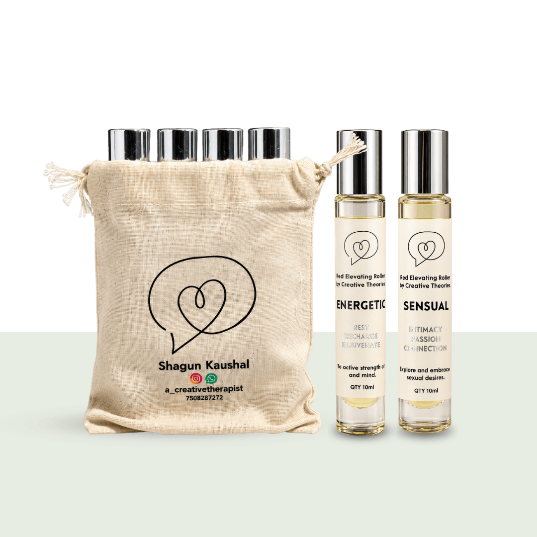 Mood Elevating Roll-ons by Shagun Kaushal of A Creative Therapist, 10 ml glass roller bottles with silver caps beside a cotton drawstring pouch, handmade mood perfume roll-ons from Ajmer for Diwali gifting