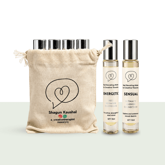 Mood Elevating Roll-ons by Shagun Kaushal of A Creative Therapist, 10 ml glass roller bottles with silver caps beside a cotton drawstring pouch, handmade mood perfume roll-ons from Ajmer for Diwali gifting