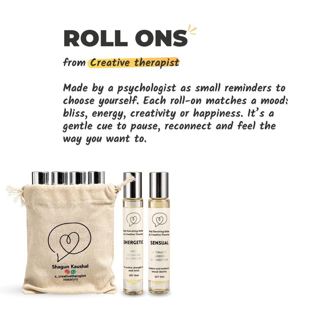 Mood Elevating Roll-ons by A Creative Therapist, made by a psychologist as small reminders to choose yourself, each roll-on matching a mood of bliss, energy, creativity or happiness