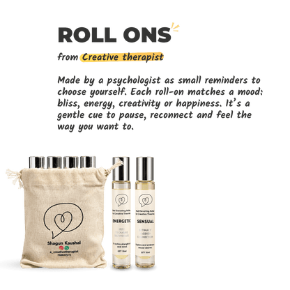Mood Elevating Roll-ons by A Creative Therapist, made by a psychologist as small reminders to choose yourself, each roll-on matching a mood of bliss, energy, creativity or happiness