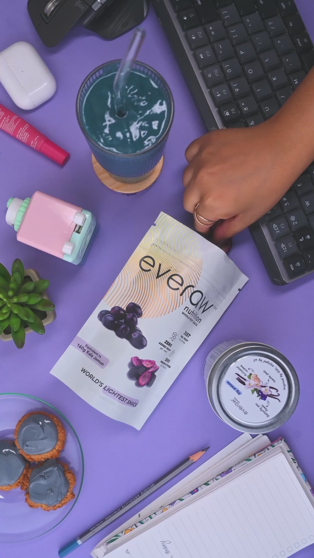 Everaw whole fruit snacks and smoothies styled on a desk and a kitchen table, the landing page hero for mobile