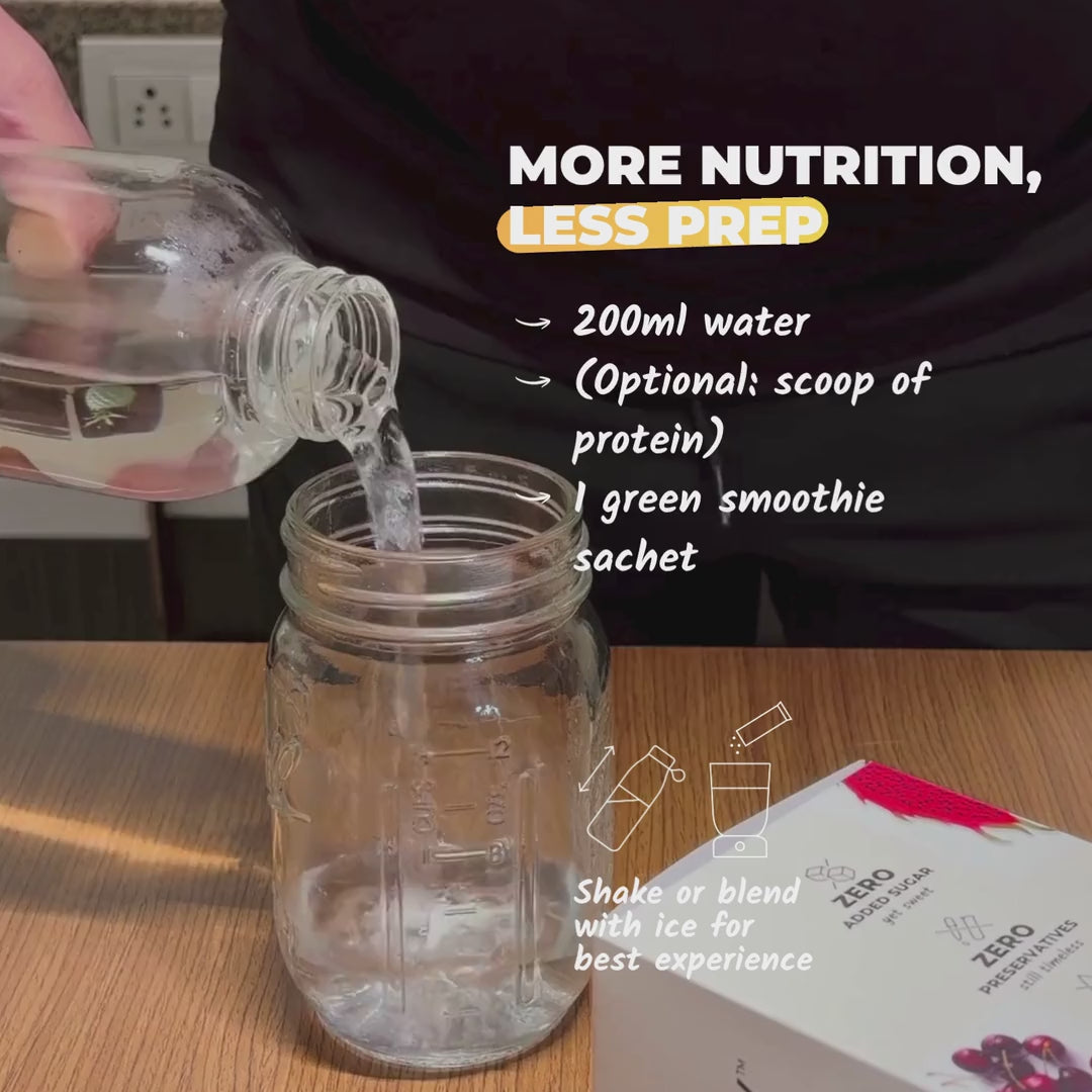 Everaw Green Smoothie Mix in action: sachet poured into water, shaken, served in 30 seconds. Real fruit and superfood powder with pineapple, kiwi, spinach, matcha.