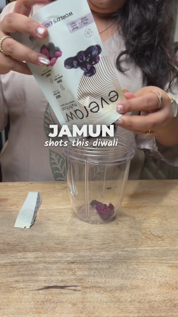 Everaw freeze dried kala jamun blended with mint and lime into purple jamun shots, served in glasses with a chilli salt rim for Diwali