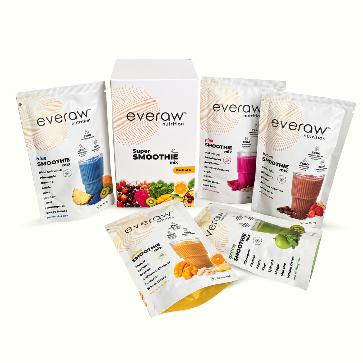Everaw Super Smoothie Mix pack of 5 box with five sachets, the blue, pink, brown, yellow and green smoothie mixes
