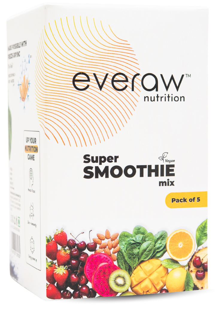 Everaw Super Smoothie Mix pack of 5 box, a vegan smoothie mix made from freeze dried real fruit, greens and nuts