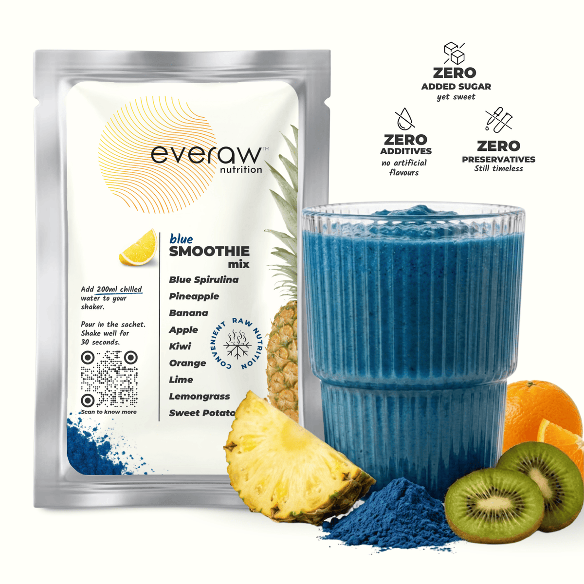 Everaw Blue freeze dried Super Smoothie mix made from real blue spirulina, pineapple and kiwi, 100% real fruit with no added sugar, no preservatives and no artificial colours, instant healthy smoothie for kids and adults