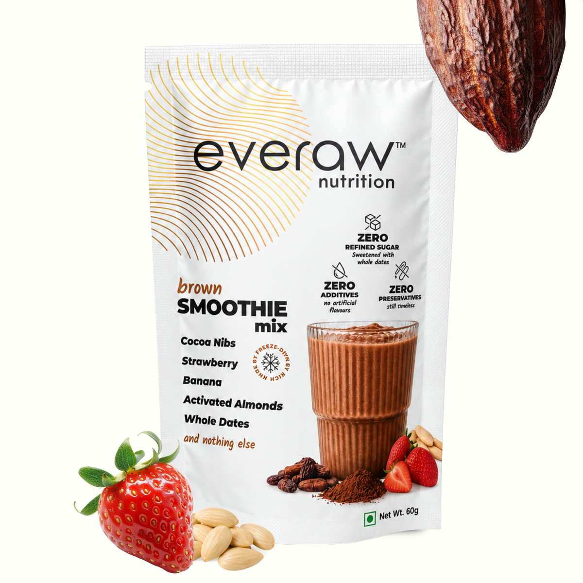 Everaw Brown Smoothie Mix 60g sachet beside a glass of cocoa smoothie with a cacao pod, fresh strawberries and almonds, zero refined sugar, zero additives and zero preservatives