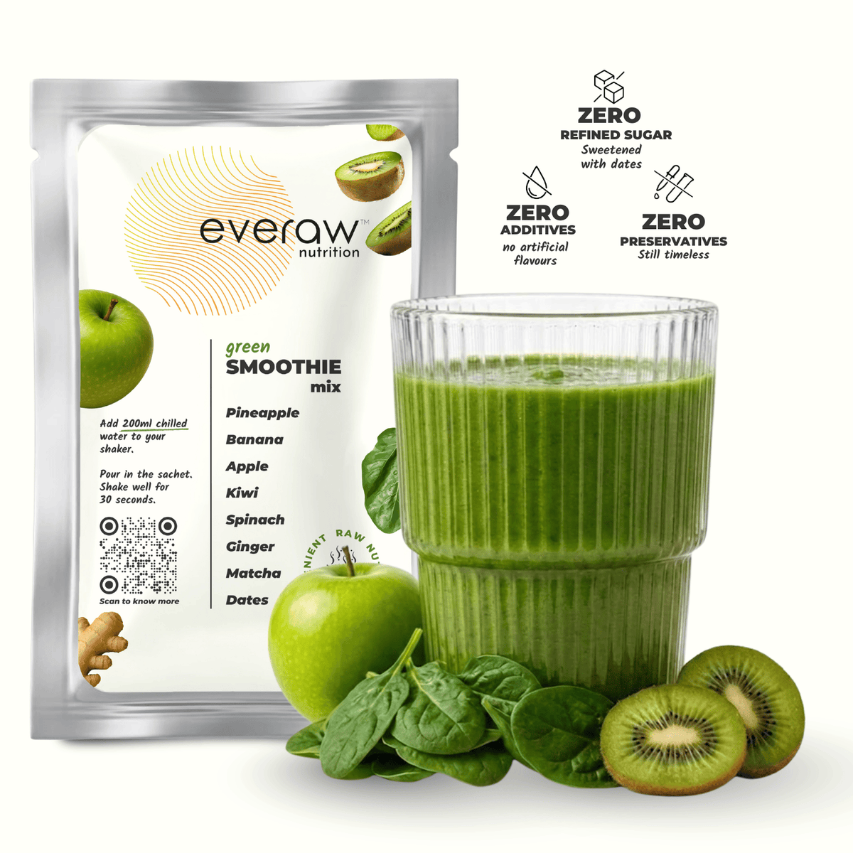 Everaw Green freeze dried Super Smoothie mix made from real apple, kiwi, spinach and matcha, 100% real fruit with no added sugar, no preservatives and no artificial colours, instant healthy smoothie for kids and adults