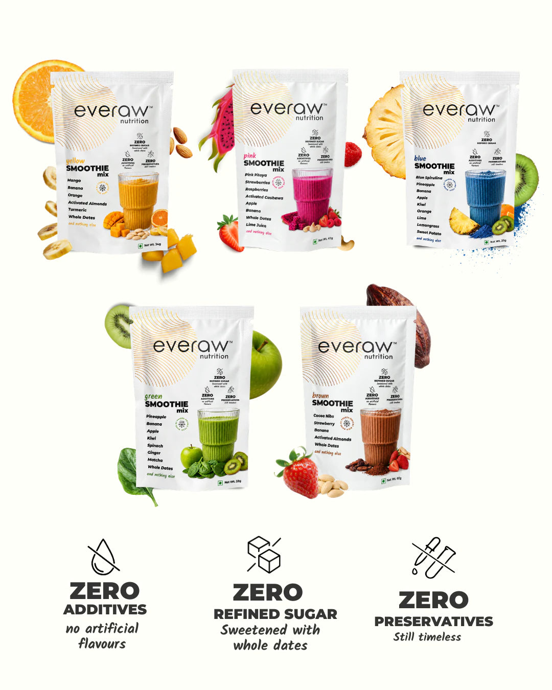 Everaw Smoothie Mix range, five sachets in yellow, pink, blue, green and brown with zero additives, zero refined sugar and zero preservatives, sweetened with whole dates