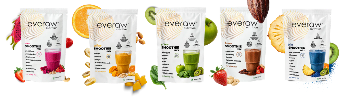 Everaw Smoothie Mix range, five sachets in pink, yellow, green, brown and blue, each with the fresh fruit and nuts that go into it