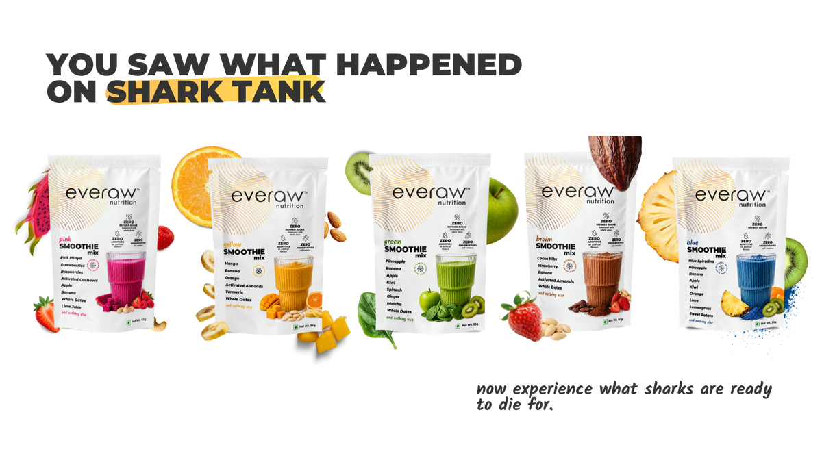 You saw what happened on Shark Tank, now experience what sharks are ready to die for: the Everaw Smoothie Mix range, five sachets in pink, yellow, green, brown and blue