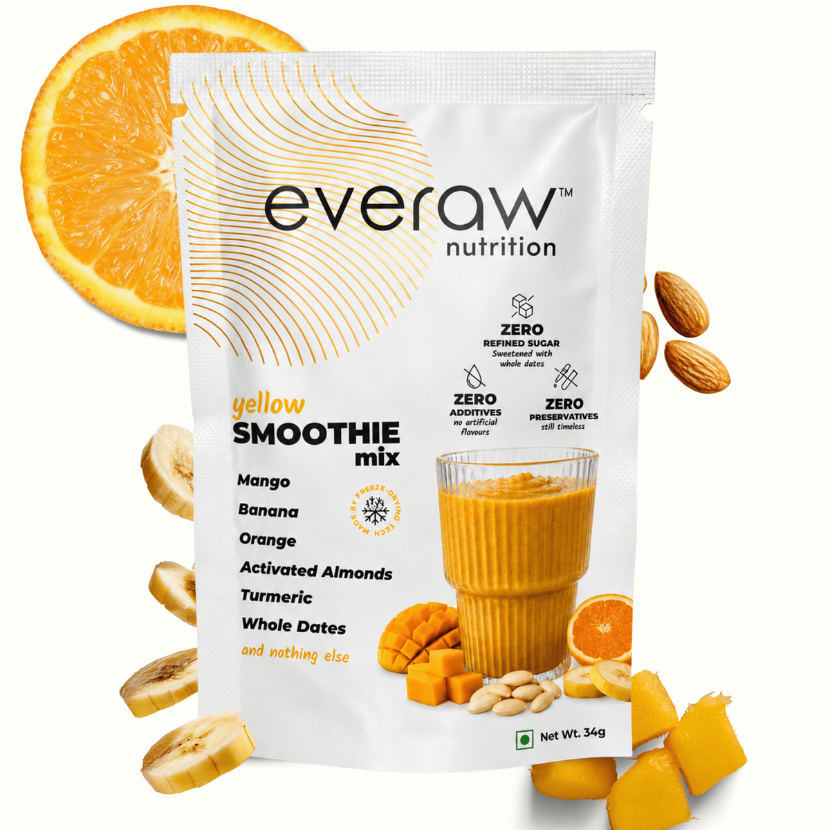 Everaw Yellow Smoothie Mix 34g sachet beside a glass of mango smoothie with fresh mango, orange, banana and almonds, zero refined sugar, zero additives and zero preservatives