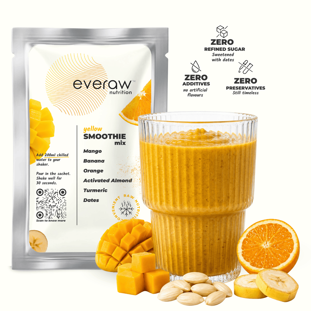 Everaw Yellow freeze dried Super Smoothie mix made from real mango, banana and orange, 100% real fruit with no added sugar, no preservatives and no artificial colours, instant healthy smoothie for kids and adults